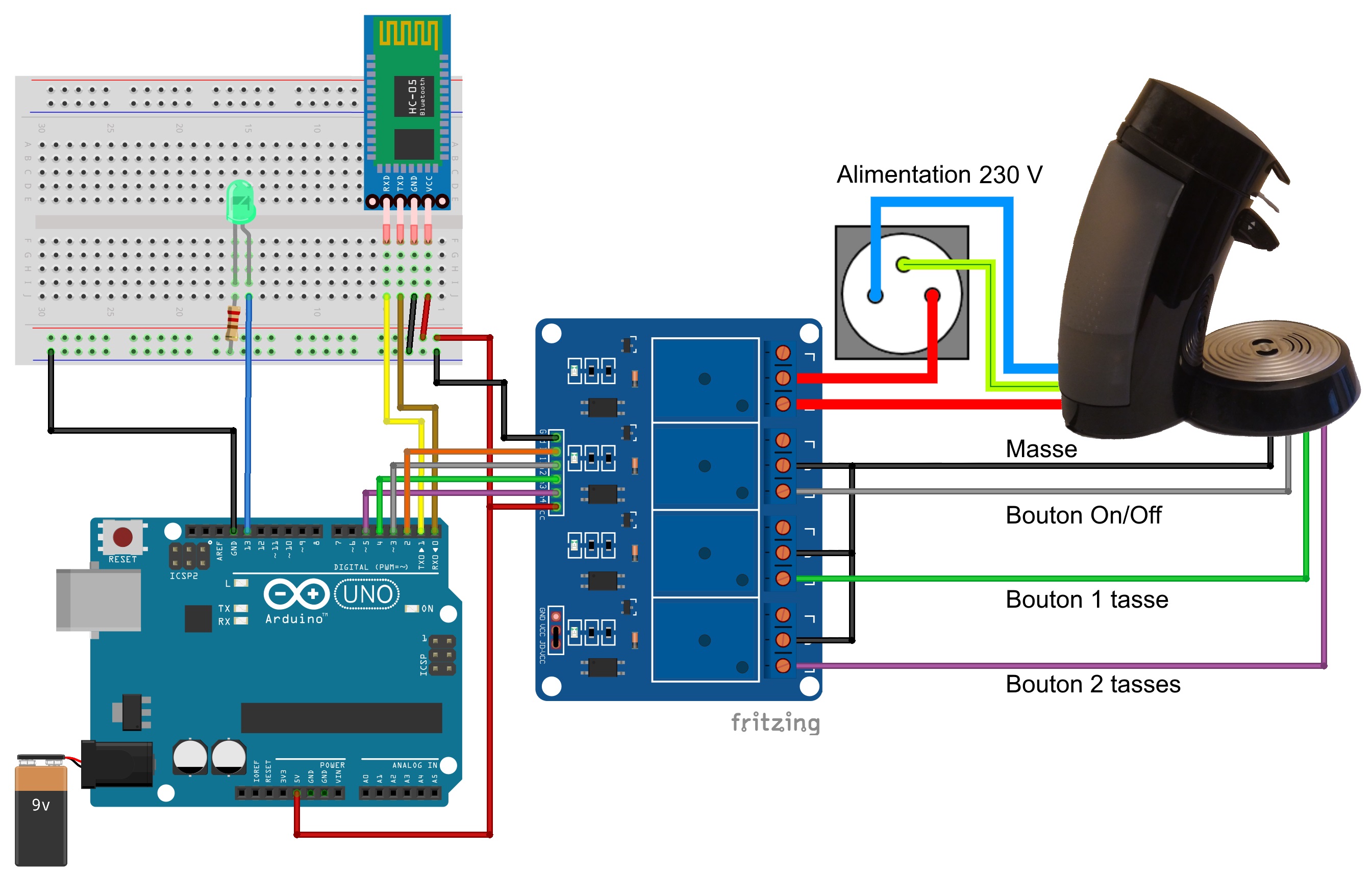 Schéma de branchement de la cafetière pilotée en Bluetooth.