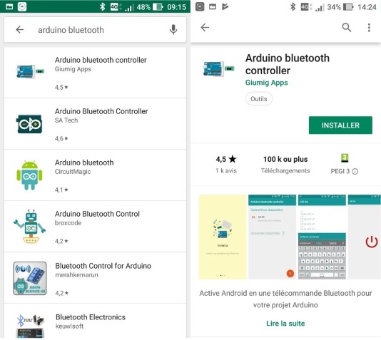 Téléchargement de l'application Arduino bluetooth controller sur le Play Store.