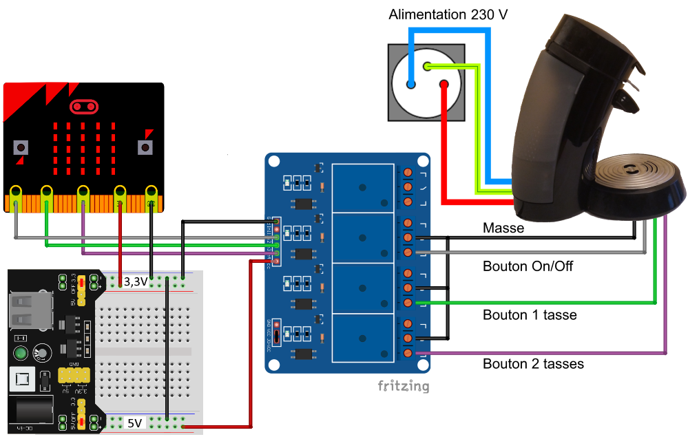 Schéma de branchement de la cafetière contrôlée par Microbit avec un module d'alimentation de breadboard.