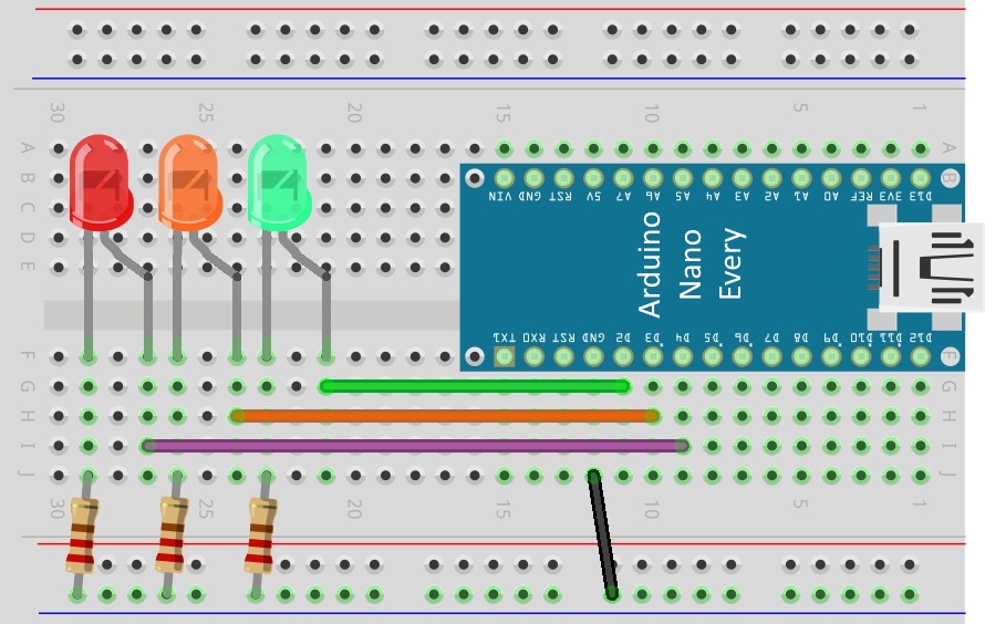 Schéma de branchement du Feu tricolore (Arduino Nano Every)