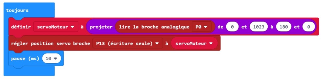 Amélioration du programme MakeCode de test des servomoteurs (inversion du sens de déplacement du moteur)