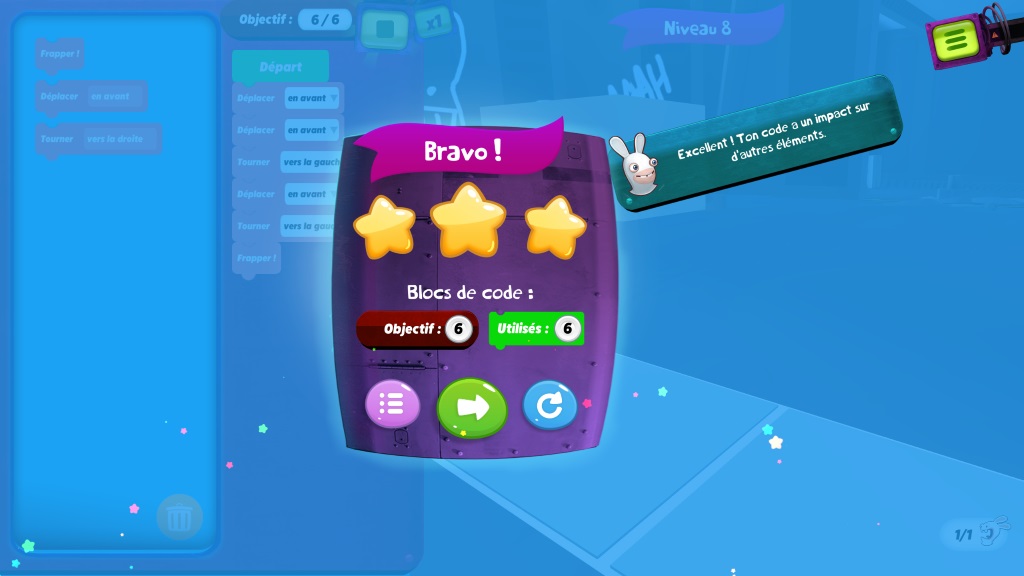 Niveau 8 réussi avec le jeu Rabbids Coding
