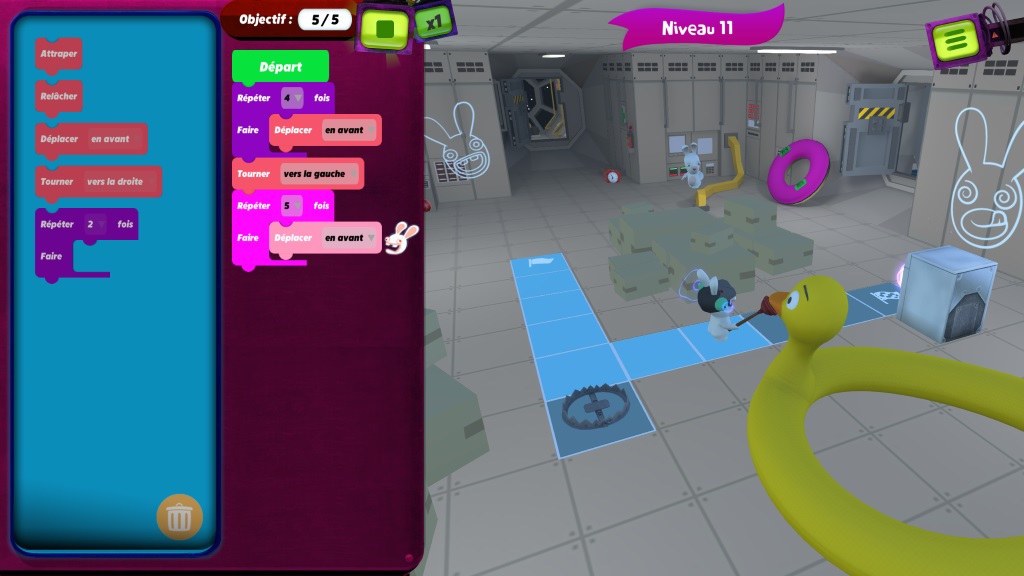 Niveau n°11 du jeu Rabbids Coding, les boucles