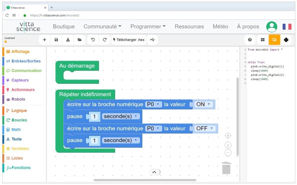 Code Vittascience pour faire clignoter une LED