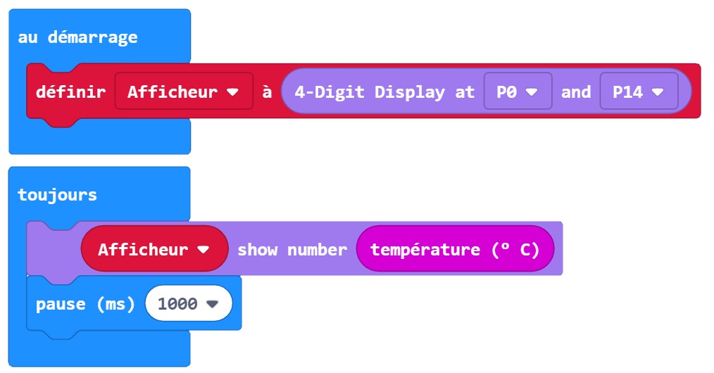 Code MakeCode pour programmer l'afficheur 7 segments