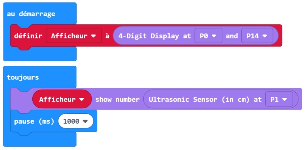 Code MakeCode pour programmer le capteur à ultrasons