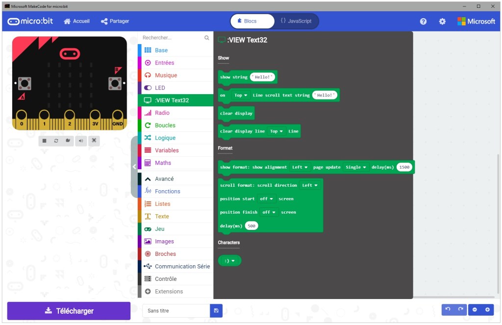 Les nouveaux blocs MakeCode de la bibliothèque kitronik-viewtext32