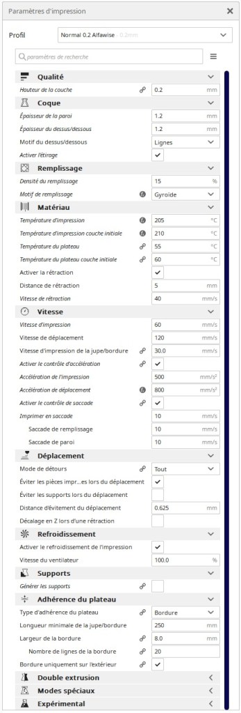 Paramètres CURA pour  l'Alfawise U30 Pro