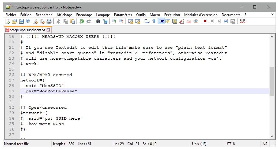 Configuration des paramètres Wifi