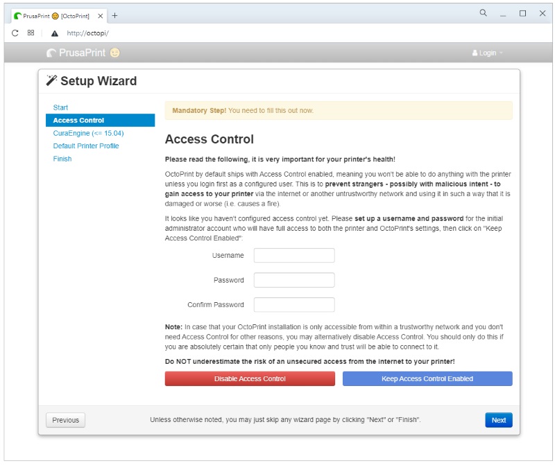 Désactivation du mot de passe pour l'accès à distance avec Octoprint