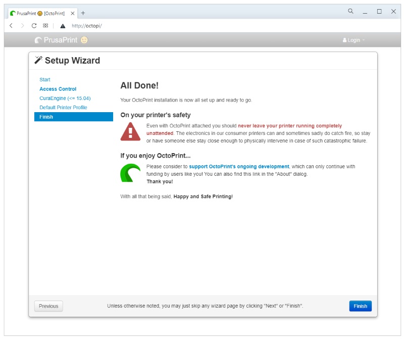 Finalisation de la configuration d'Octoprint