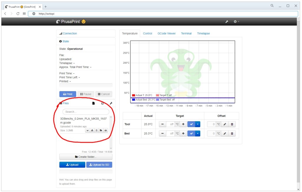 Le fichier transmis apparait maintenant sur le serveur Octoprint