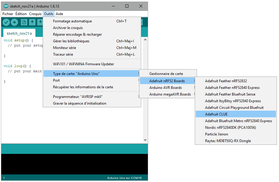 Sélection de la carte Adafruit CLUE dans l'IDE Arduino