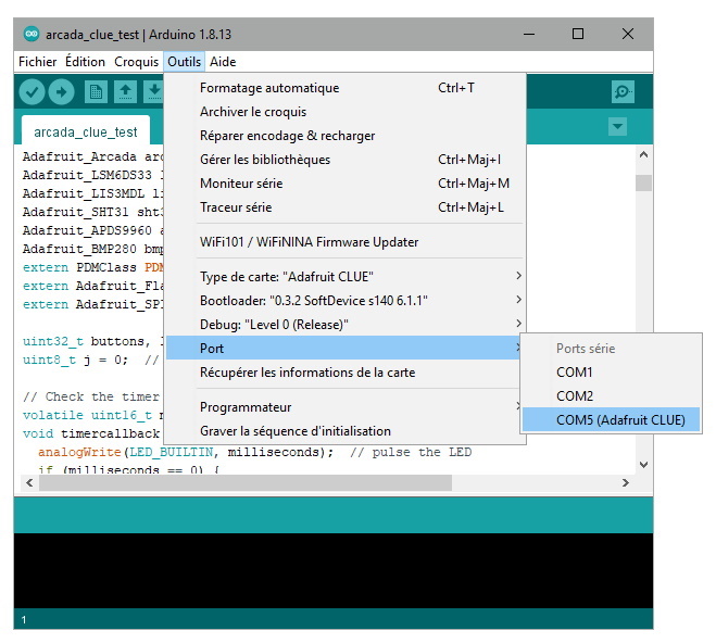 Sélection du port COM5 dans l'IDE Arduino