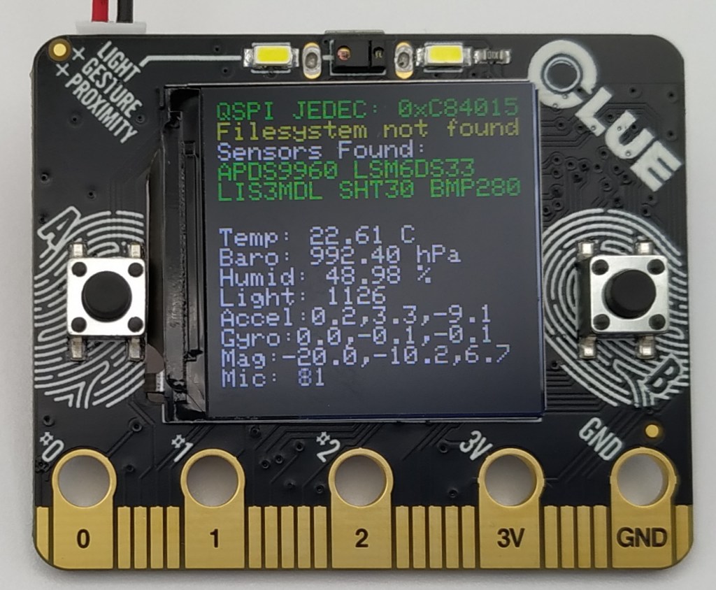 Programme de test de la carte Adafruit CLUE avec l'accéléromètre et le gyroscope fonctionnels