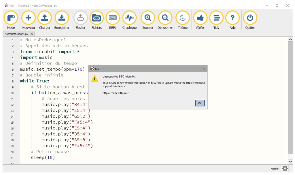 L'éditeur MicroPython Mu n'est pas compatible avec la version 2 du micro:bit