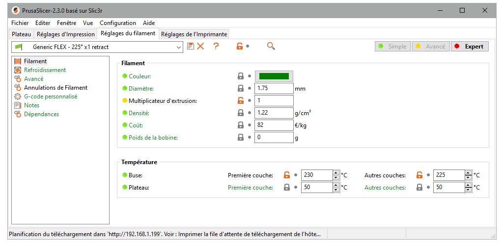 Paramètres d'impression pour TPU avec la Prusa MK3