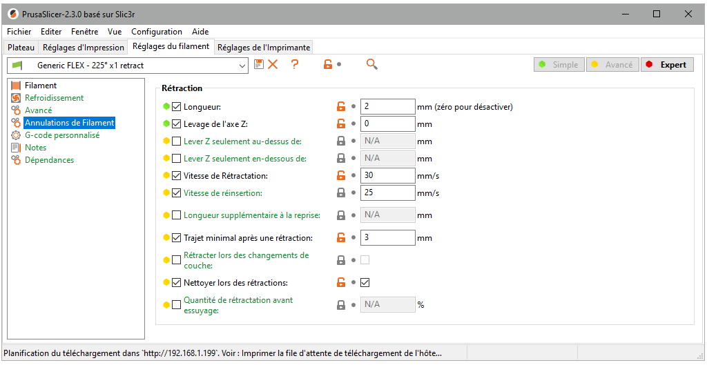 Rétraction pour TPU avec la Prusa MK3