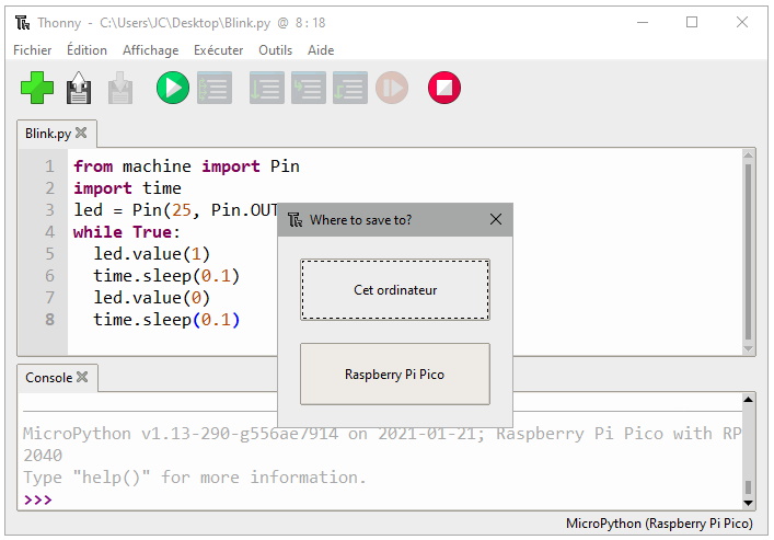 Enregistrement du programme directement sur le Raspberry Pi Pico 