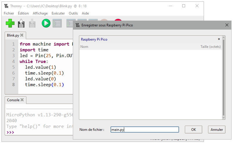 Enregistrement du fichier main.py sur le Raspberry Pi Pico 