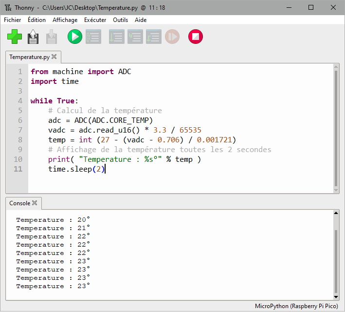 Mesures de température avec la sonde du Raspberry Pico