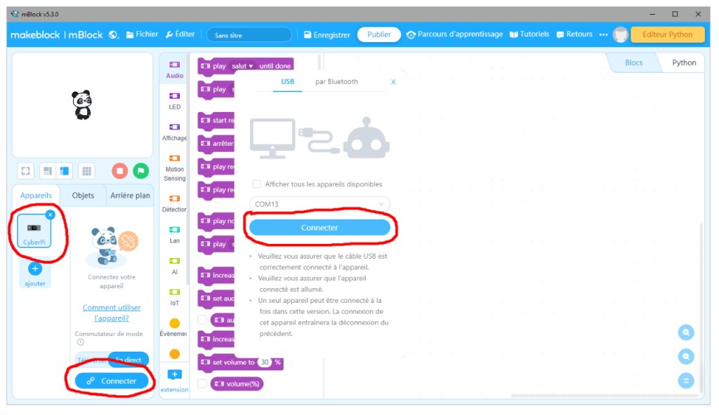 Connexion de la carte CyberPi en mode "En direct"