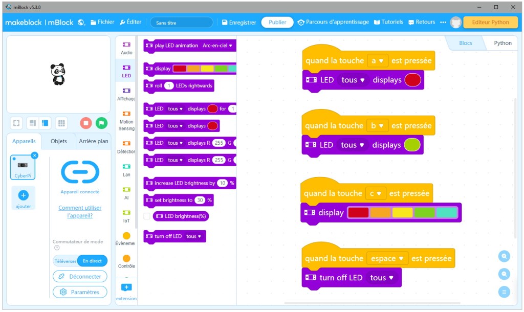 Programmation de la carte CyberPi en mode "En direct"