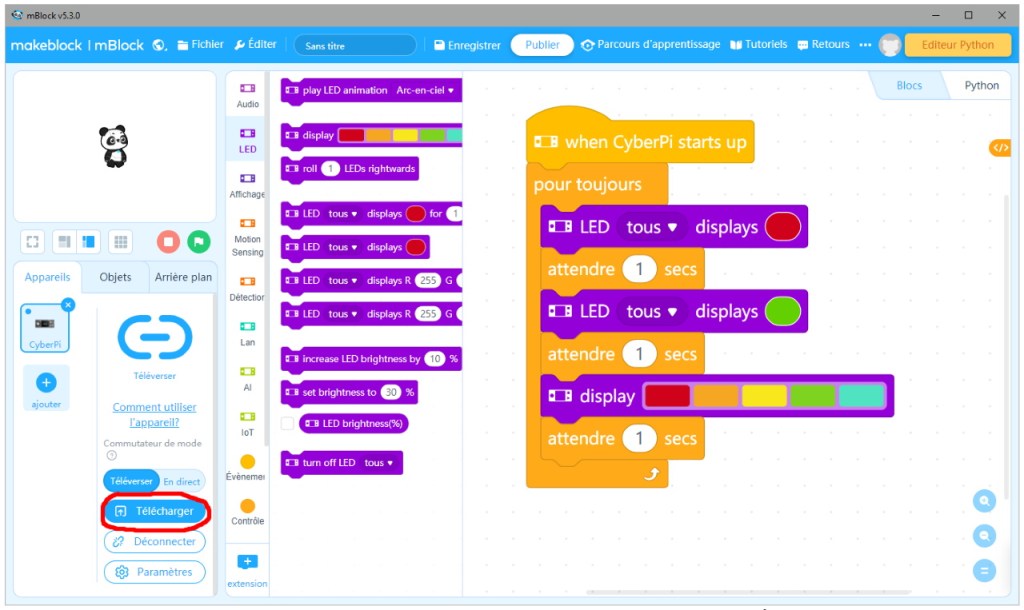 Programmation de la carte CyberPi en mode "Téléverser"