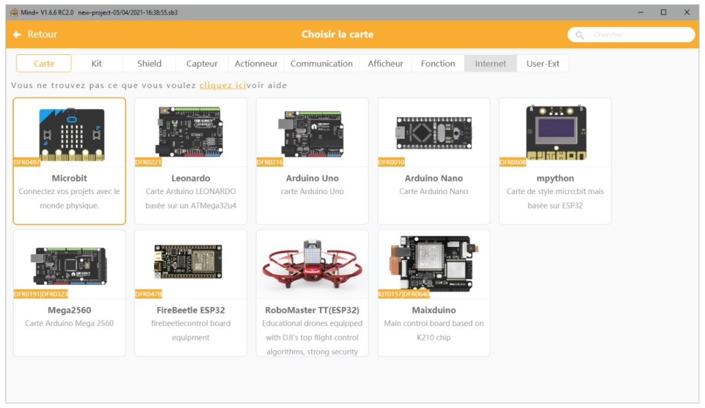 Choix de la carte micro:bit sous Mind+