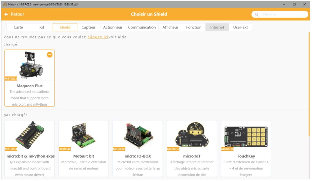 Sélection du robot Maqueen Plus sous Mind+