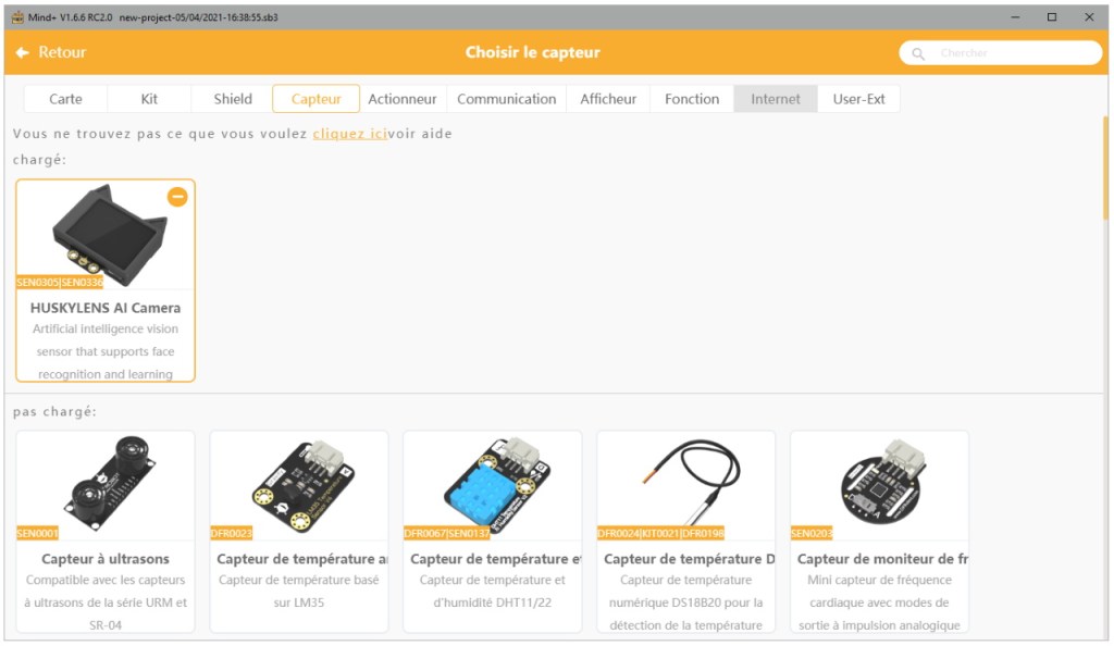 Sélection du capteur Huskylens sous Mind+