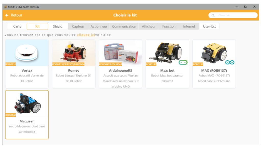 Sélection du robot Maqueen sous Mind+