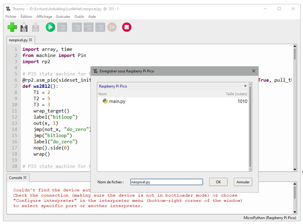Installation de la bibliothèque neopixel.py sur le Raspberry Pi Pico