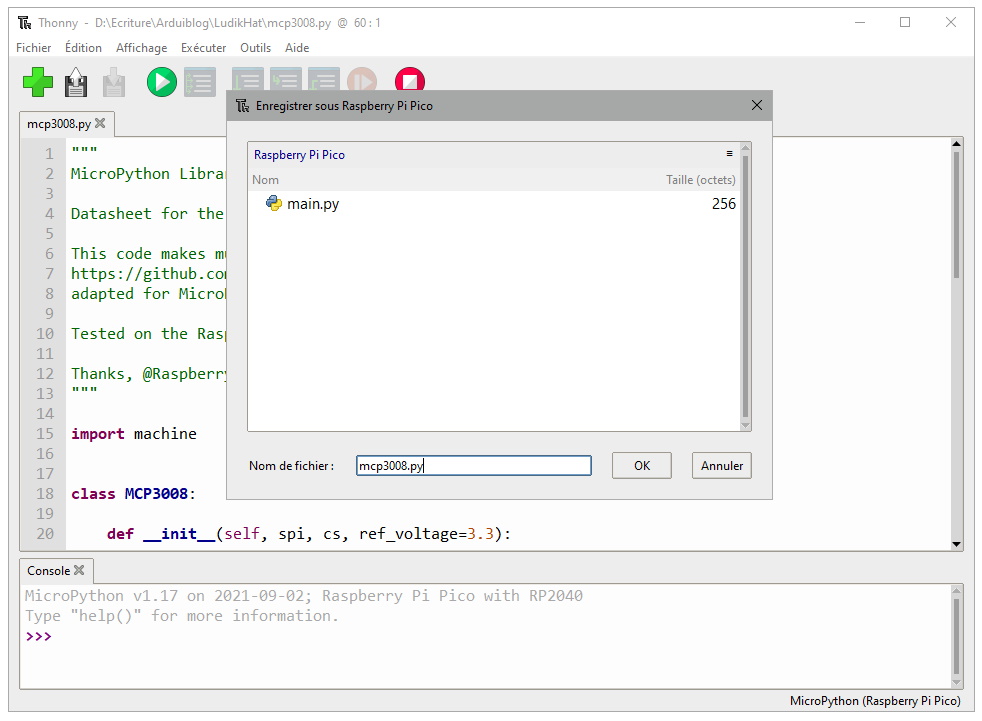 Installation de la bibliothèque mcp3008.py sur le Raspberry Pi Pico