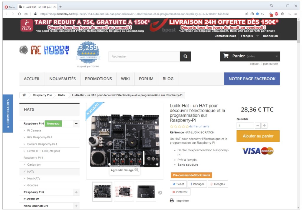 Fiche produit du Ludik-Hat (MCHobby)