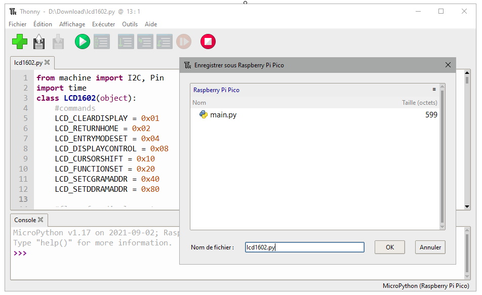 Installation de la bibliothèque lcd1602.py dans le Raspberry Pico
