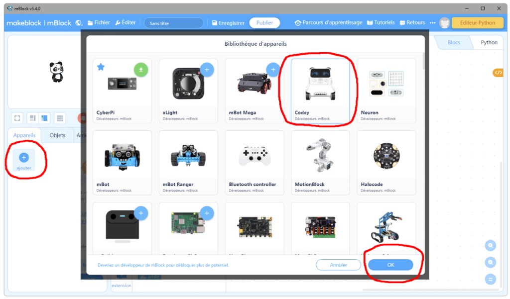 Sélection du robot Codey dans mBock