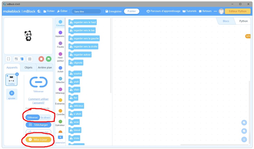 Sélection du mode mode "Téléverser" ou "En direct" et mise à jour du firmware