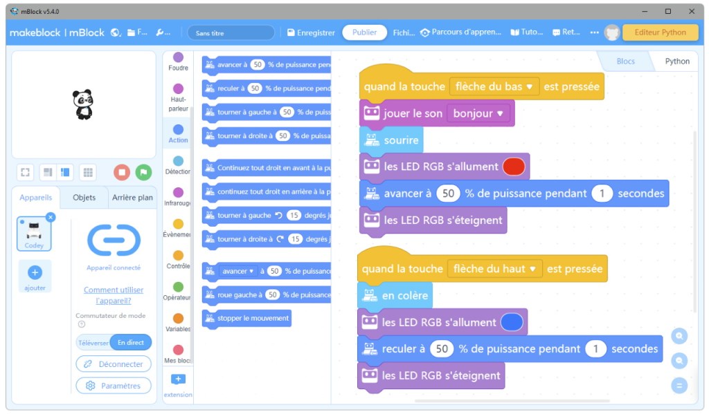 Exemple de programme mBlock en mode "En direct"