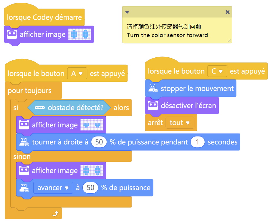 Exemple de code de détecteur d'obstacles avec le robot Codey Rocky