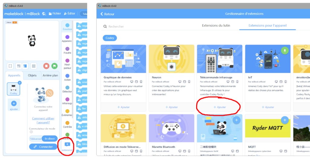 Ajout des blocs de la télécommande infrarouge du robot mBot