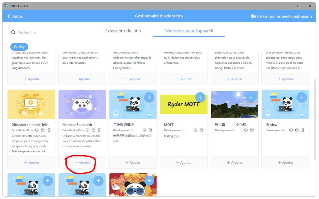 Ajout des blocs de la manette Bluetooth du robot mBot
