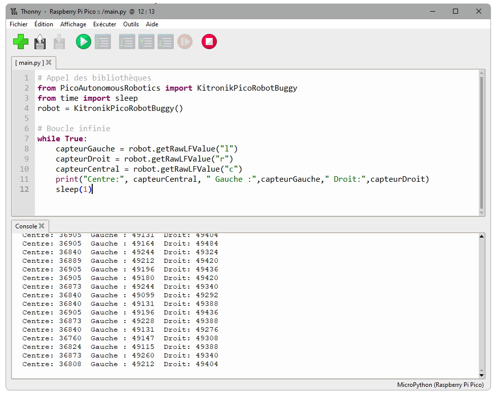 Test des capteurs de suivi de ligne