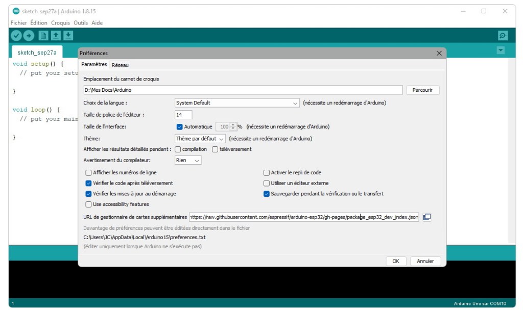 Ajout des cartes ESP32 dans l'IDE Arduino