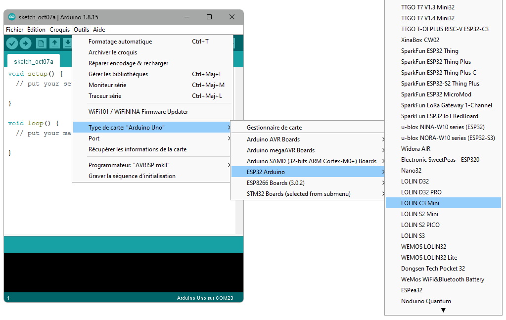 Sélection d'une carte ESP32-C3 mini dans l'IDE Arduino