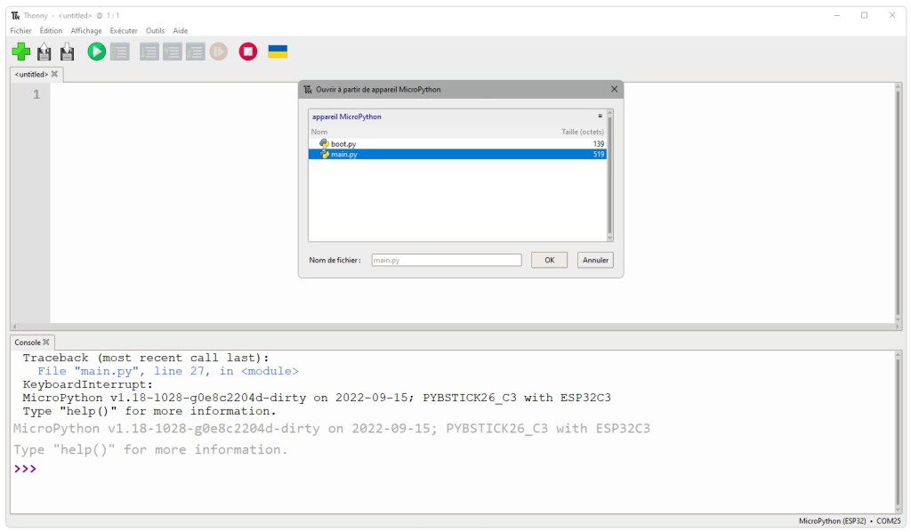 Ouverture du fichier main.py avec Thonny