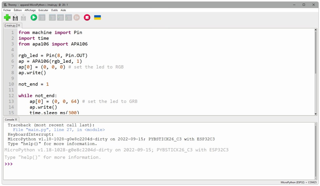 Executer ou arrêter le le programme main.py avec Thonny