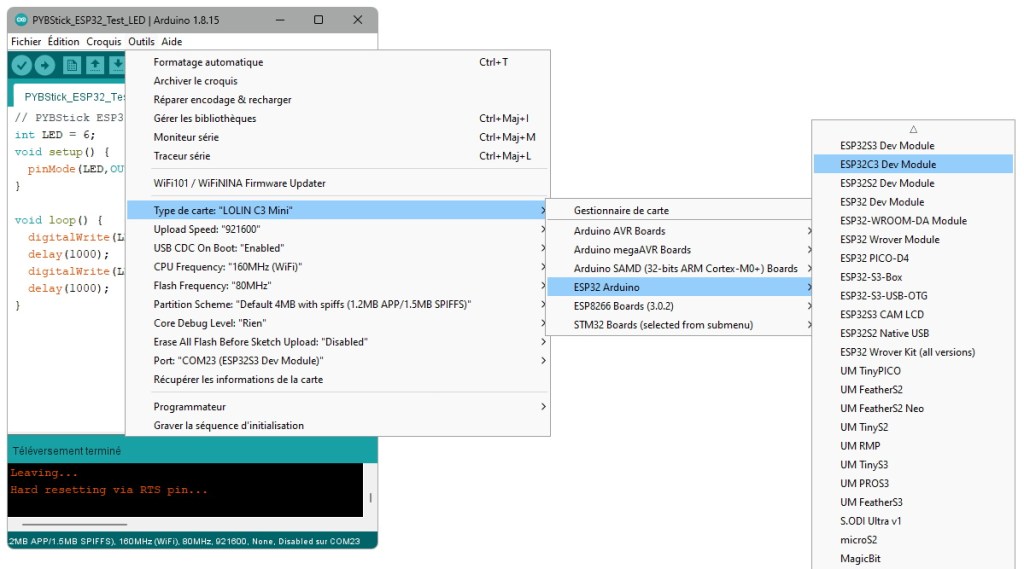 Sélection de la carte ESPC3 Dev Module dans l'IDE Arduino