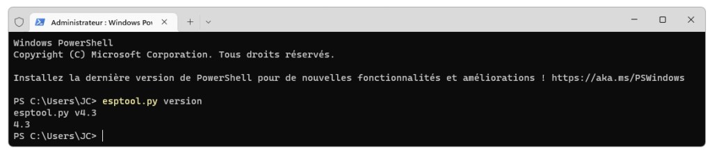 Affichage de la version d'ESP tool