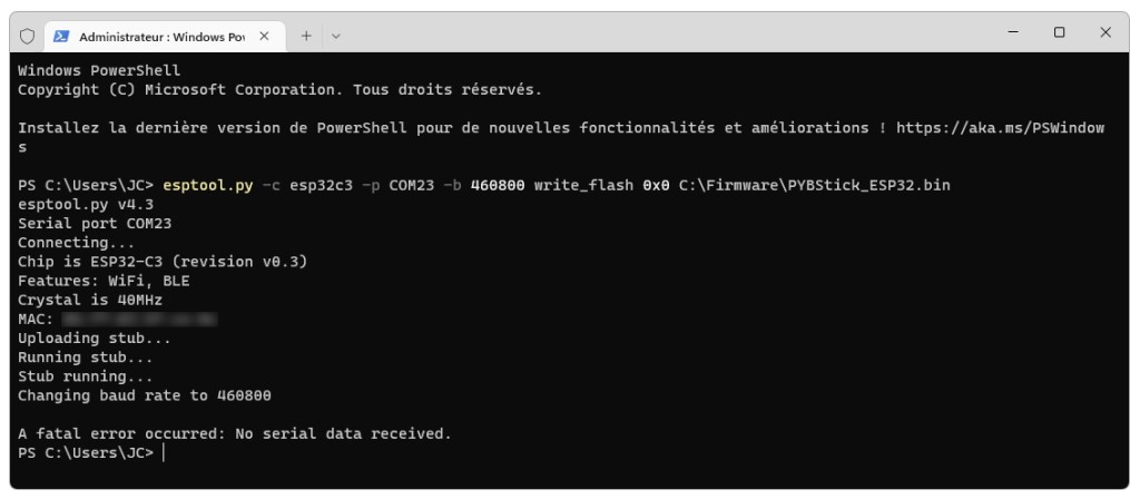 Echec d'installation d'un firmware sur la PYBStick ESP32